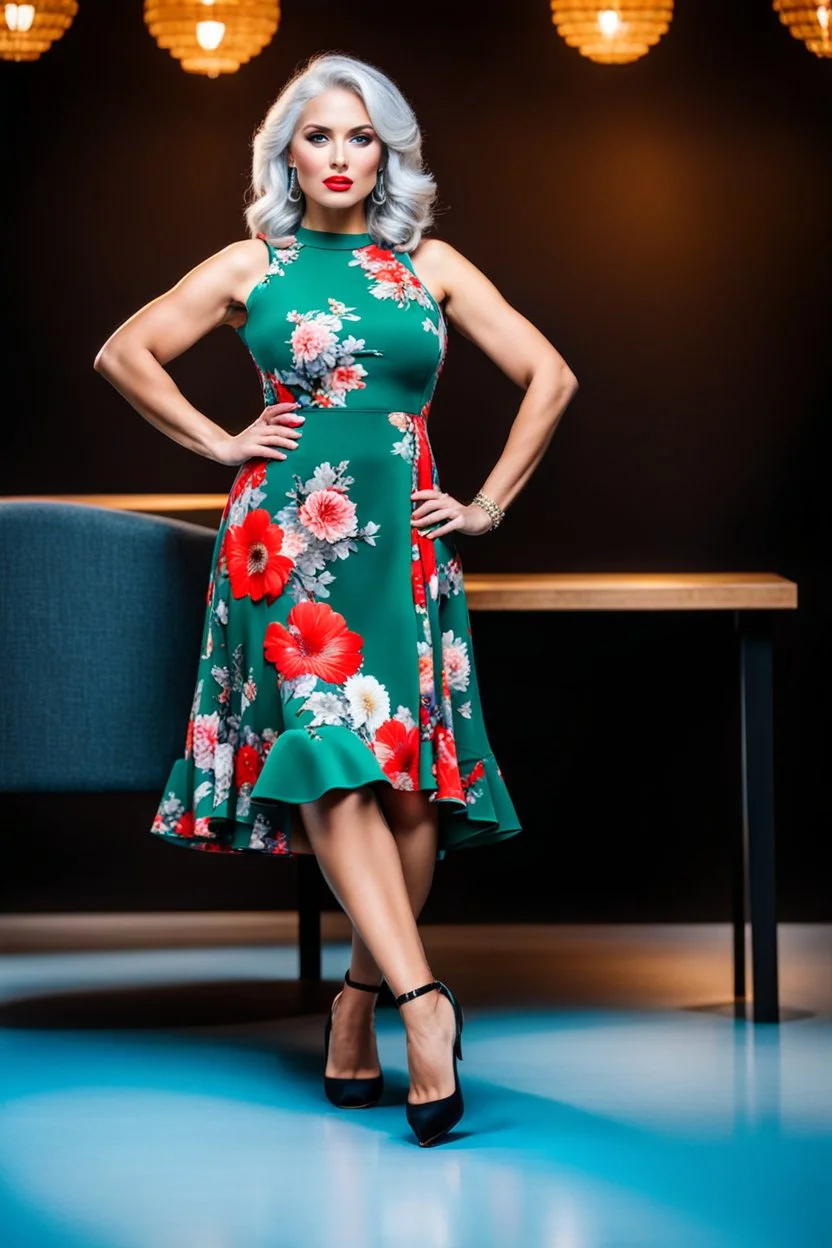 full body of very beautiful ukrain lady wearing green_blue pretty midi flared dress ,white gray hair ,standing idle pose in studio