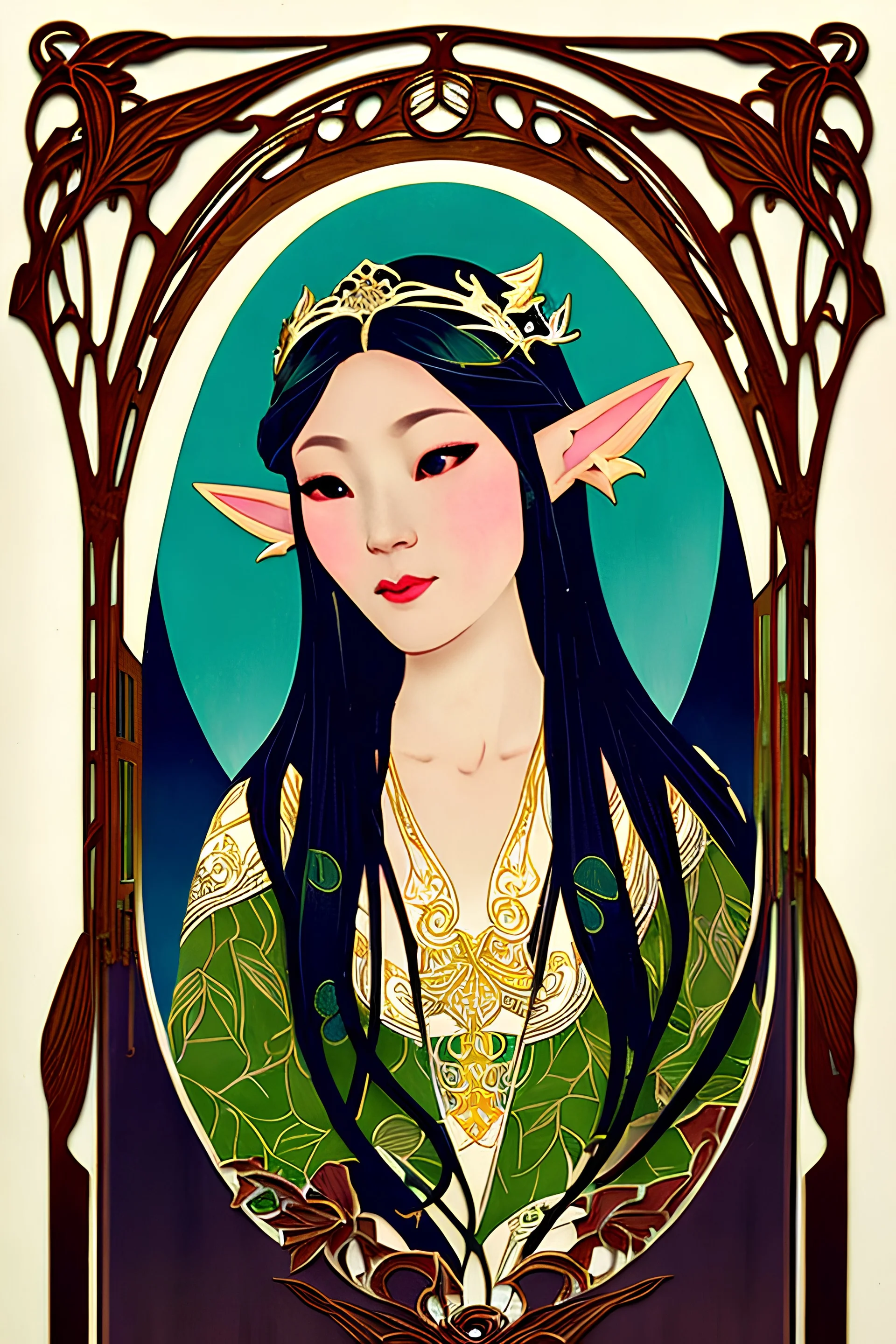 Art Nouveau art style A beautiful as a model asian woodland elf princess who looks like a young Lucy Liu seated on a throne in a mystical forest