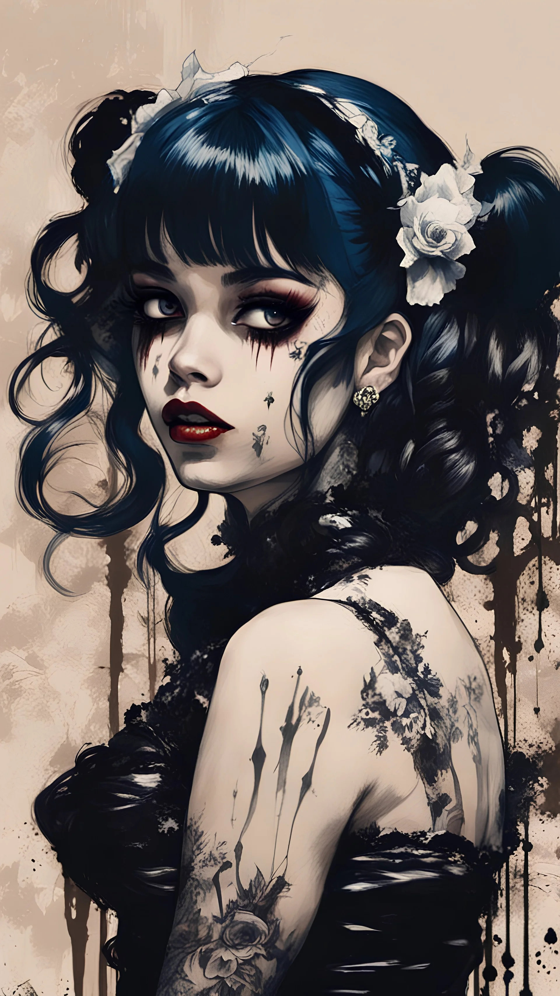 Poster in two gradually, a one side malevolent goth vampire girl face and other side the Singer Melanie Martinez face, full body, painting by Yoji Shinkawa, darkblue and sepia tones,