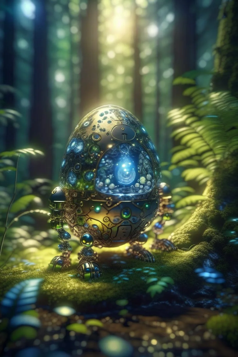 picture of a magical forest sparkling with light,cute chat robot inside transparent egg,shot on Hasselblad h6d-400c, zeiss prime lens, bokeh like f/0.8, tilt-shift lens 8k, high detail, smooth render, down-light, unreal engine, prize winning