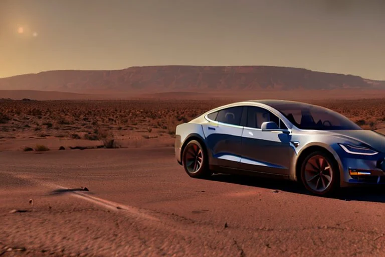 A Tesla 'Model Y' is parked, in the Mojave Desert. (CINEMATIC, WIDE ANGLE LENS, PHOTO REAL)