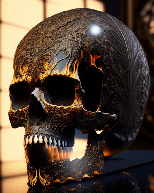 A beautiful highly detailed ornate intricate portrait of a flaming demon skull made of shiny obsidian glass :: reflective, glassy :: subtractive lighting, backlit :: by John William Waterhouse, Greg Rutkowski, HR Giger :: hyperrealistic, hyper detailed, photorealistic :: epic, incredible composition, amazing depth, meticulously composed, 16k resolution concept art :: fantasy magazine cover art