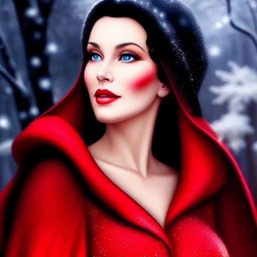 Ultra detailed fullbody Portrait in oil on canvas of beautiful busty mature Snow White with red cape with hoodie,extremely detailed digital painting,ultrarealistic skin,intense stare, extremely detailed face, crystal clear eyes, mystical colors ,perfectly centered image, perfect composition, rim light, beautiful lighting,masterpiece ,8k, stunning scene, raytracing, anatomically correct, in the style of Simon Bisley and uncannyknack and Ohrai Noriyoshi and robert e howard and Steve Jung.