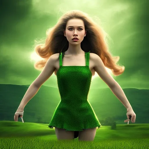 A girl named BilliJo with perfect face flying over a green Scottish field, happy, elegant, surreal, dream, morning light, dewy, forced perspective