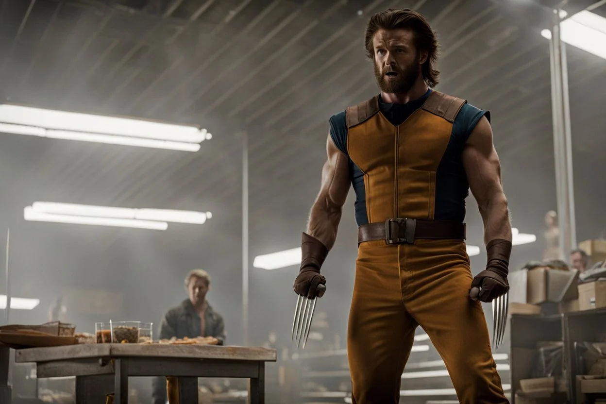Still frame of Jared Keeso from Letterkenny as Marvel's Wolverine in a new movie. His claws are extended and he is wearing his orange and brown costume.