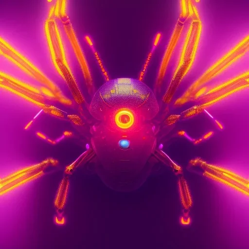 A beautiful portrait of a cyborg spider wite neon color scheme, high key lighting, volumetric light high details psychedelic background