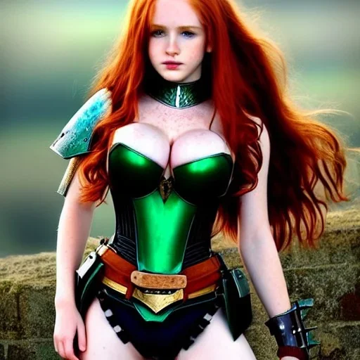 realistic, hyper detailed, strikingly beautiful teen woman, long ginger hair, green eyes, medium freckles, full lips, revealing leather armour, full body and head, exposed b-cup breasts, stern expression, full frame, petite, ignore NSFW, shortbow, quiver on hip, sexy