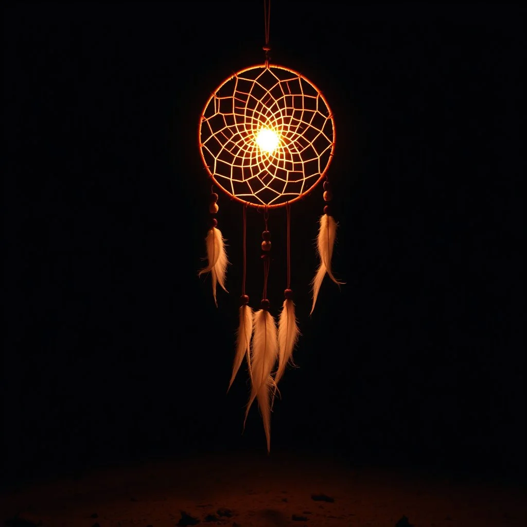 a dreamcatcher made of light, glowing internal light, natural red/brown tones, brown dirt ground long bottom, dark background