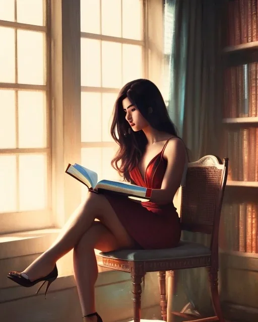 8k 4d photo realistic Highly detailed portrait of stunningly beautiful woman, sitting inside a library, Atey Ghailan, by Loish, by Bryan Lee O'Malley, by Cliff Chiang, by Greg Rutkowski, inspired by image comics, potrait illustration,