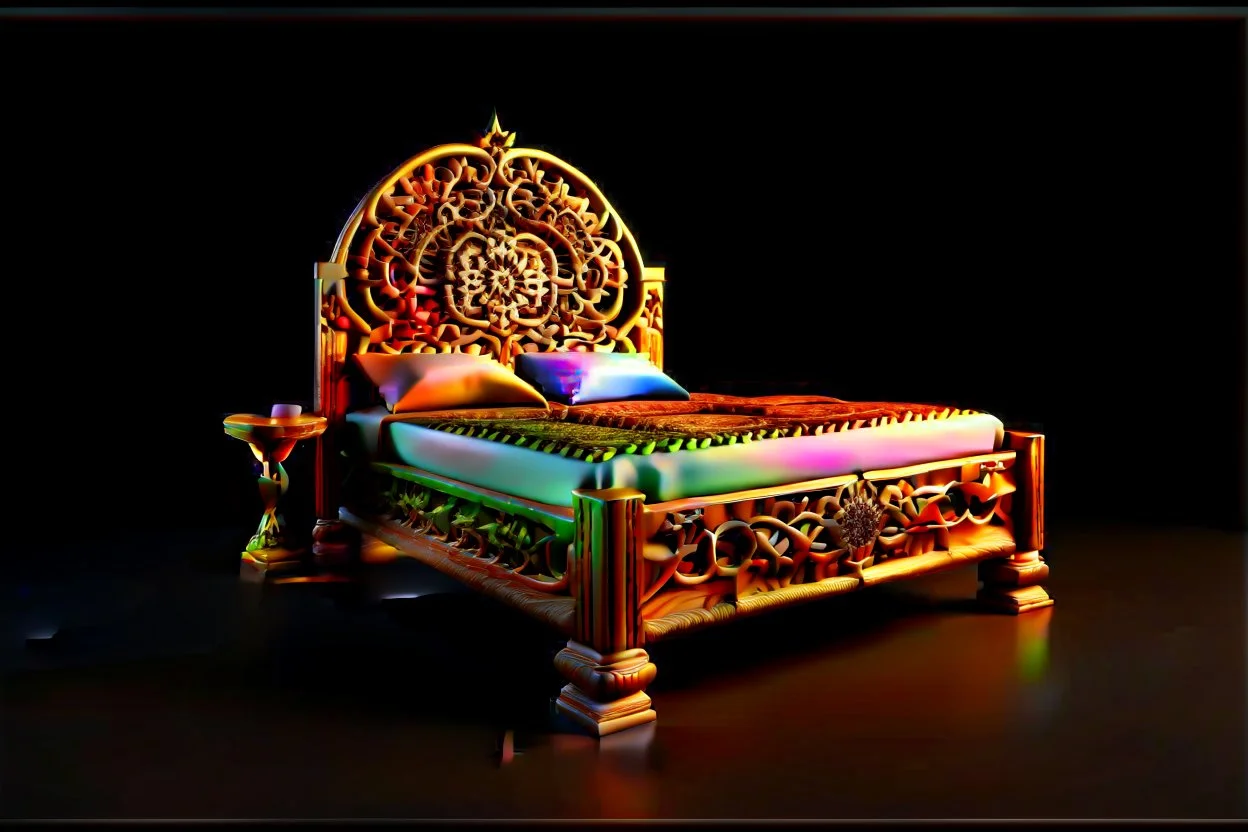 image of a Royal bed with 3d fractal base decoration made of good wood no background without table