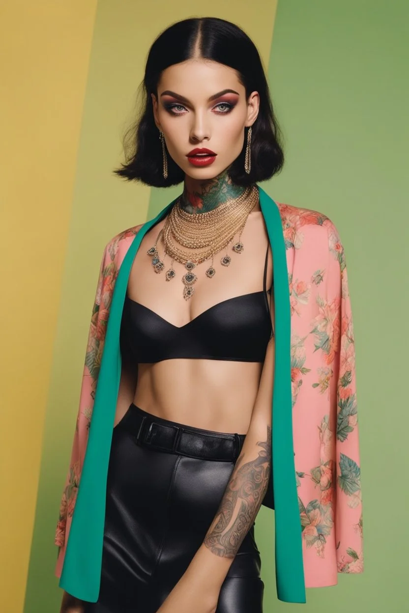 Beautiful Arab woman, petite, short, big eyes and lips, vibrant color, neck tattoo and full sleeves tattoo, thin, tattoos connected, Full coverage chest tatoo, tattoo style complex and colorful and large drawings by (petra collins|roe ethridge, elllen von unwerth, Jan Saudek)