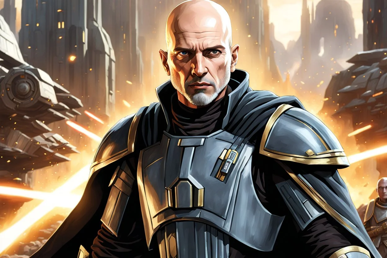 star wars bald male corellian jedi pilot wearing black and gunmetal grey old republic armored robes with gold trim, alone, battle-ready Jedi Master defending a ruined ancient city surrounded by golden light, centered head and shoulders portrait, hyperdetailed, dynamic lighting, hyperdetailed background, 8k resolution, volumetric lighting, light skin, fully symmetric details