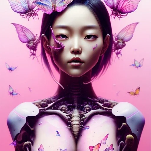  Asian woman, leaning pose, latex suit, pink short hair, Gradient background, style <Yoji Shinkawa>, Bones, watercolor illustration by <agnes cecile> butterflies everywhere, skulls, centipede, nest, octopus, squid, plants, wildflower, intricate detail , portrait, high lighting,