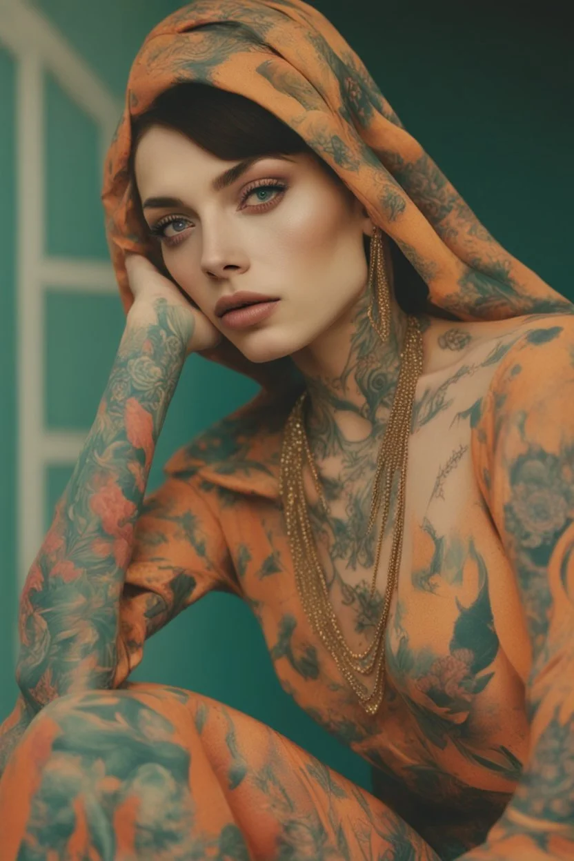 Beautiful Arab woman, petite, short, big eyes and lips, vibrant color, neck tattoo and full sleeves tattoo, thin, tattoos connected, Full coverage chest tatoo, tattoo style complex and colorful and large drawings by (petra collins|roe ethridge, elllen von unwerth, Jan Saudek)