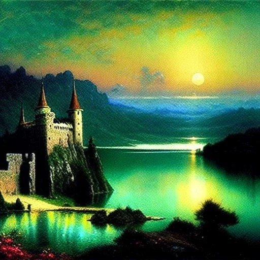 Drawing of 'Medieval Romanian Castle',bats,mountain,lake,full moon, by gaston bussiere, greg rutkowski, yoji shinkawa, yoshitaka amano, tsutomu nihei, donato giancola, tim hildebrandt, oil on canvas, cinematic composition, extreme detail,fit full head inside picture,16k