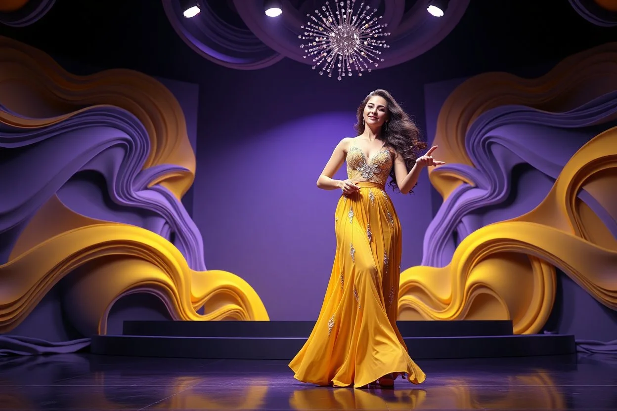 modern stage with gray-dark yellow blueish violet theme artistic decoration , color full dynamic lighting, a beautiful lady in maxi dress with shining silver jewels ,curvy long hair,dancing, 3D recursive fractal structure animating background