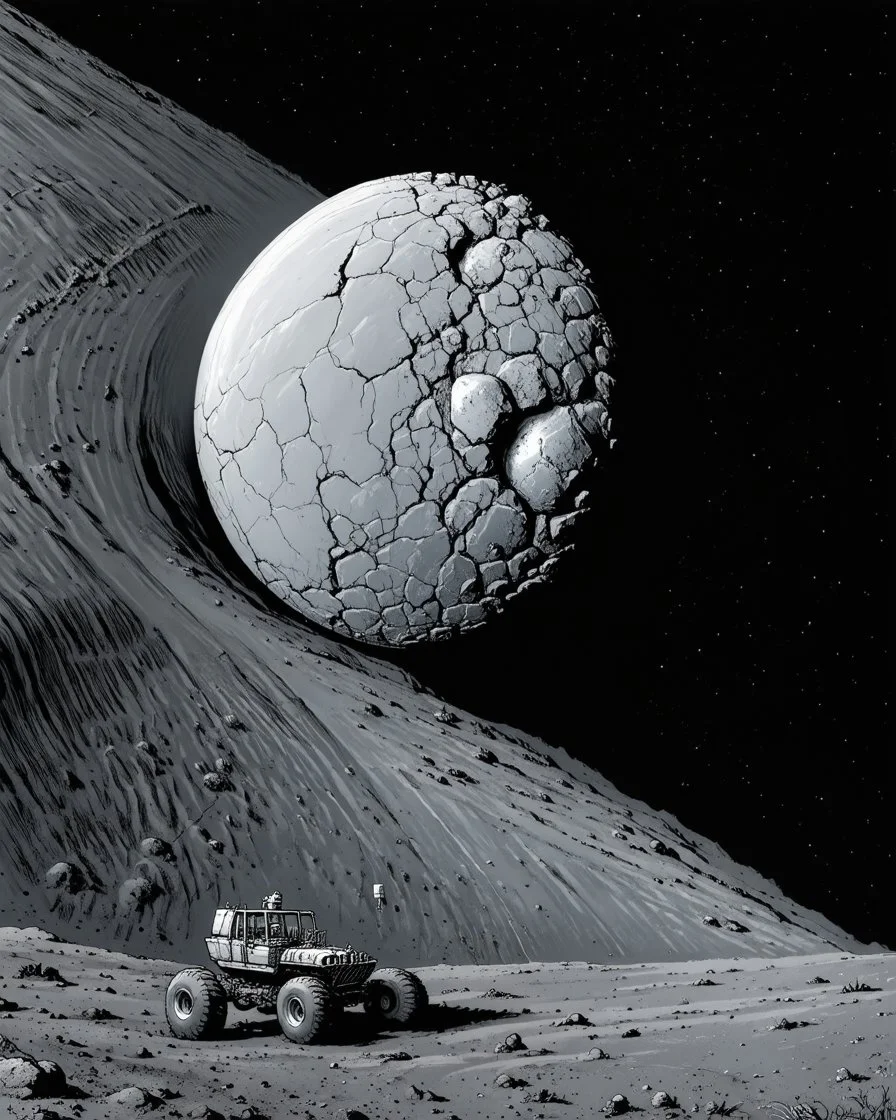 aerial lunar reconnaissance satellite image of a young impact crater with larger regolith along right ride. A damaged metallic alien sphere with fracture lines like an egg. organic growth across regolith and up crater walls. Along the lower frame edge a small modern bare-bones lunar-vehicle sits near the rim with visible wheel tracks. comic pencils