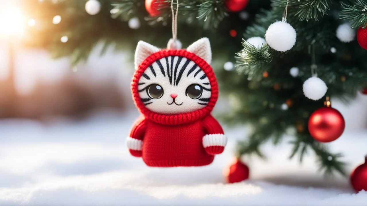 cute chibi cat shaped hanging Xmas tree ornament wearing red knitted pullover with zebra on it in sunshine, snowcapped xmas tree