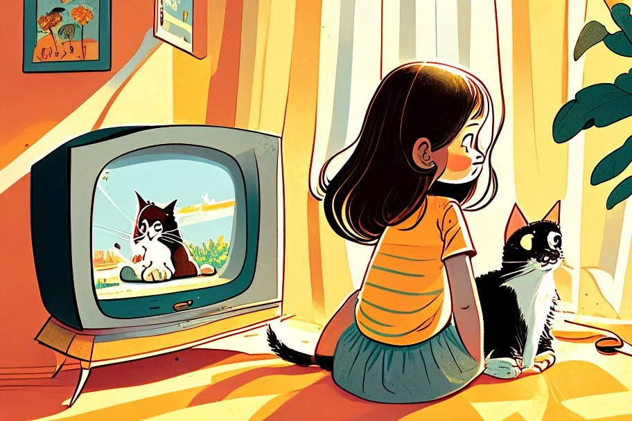 brunette girl watching tv with a cat, children's book illustration in style of Brigette Barrager, Sven Nordqvist and Nicole Rubel in sunshine