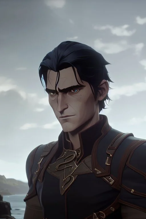 A portrait of Joaquin Phoenix in his early 30s, long beachy haircut, black hair, on a rocky island, in ebony armor from Skyrim, melancholic and dangerous facial expression, half-smiling