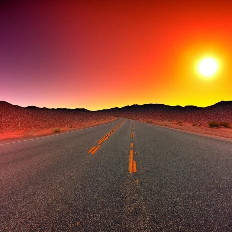 muscle car, desert road, sunset, full colour,