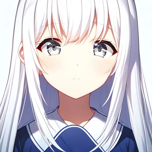 a close-up headshot of a kawaii shy young woman with long white hair, silver eyes with long lashes, slim delicate build, sickly complexion, soft, anime style, intricately detailed, splotchy watercolor background, adorable, cute