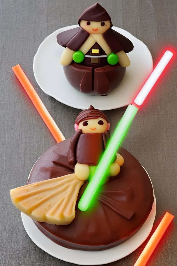 sponge cake filled with chocolate topped with a marzipan Jedi holding a lightsaber