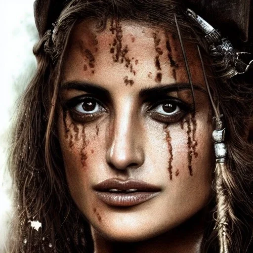 best quality, realistic lighting, masterpiece portrait of Penelope Cruz from pirates of the Caribbean, details, light dusting of freckles, shot from above, simple chain hauberk, warhammerVector art matte painting digital illustration 3D shading CryEngine Behance HD 3Delight