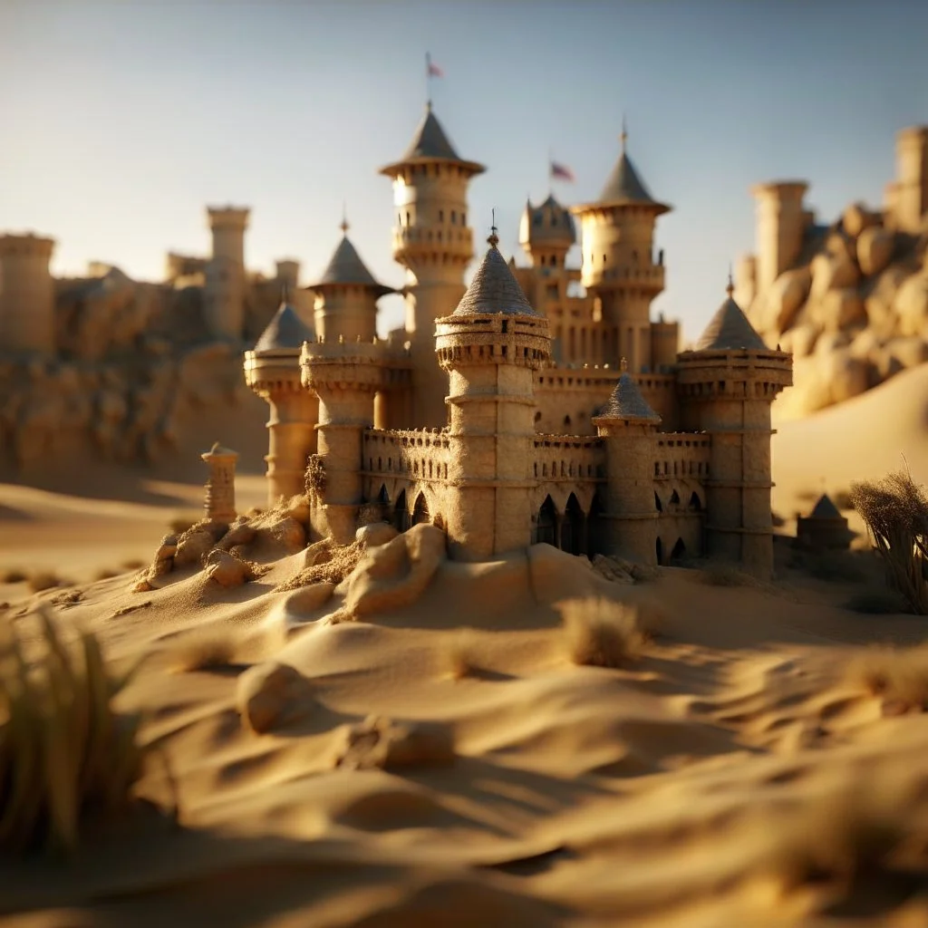 castle in the desert, photo-realistic, shot on Hasselblad h6d-400c, zeiss prime lens, bokeh like f/0.8, tilt-shift lens 8k, high detail, smooth render, down-light, unreal engine, downlight