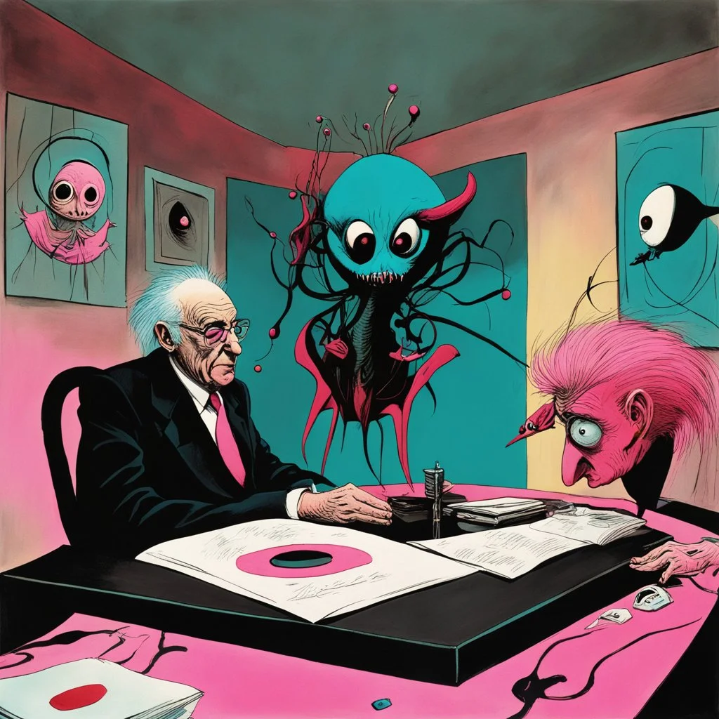 Scary stories of the infinite interview, intimidating magister's looming behind interviewer desk, fish eye lens up shot, Joan Miro and Gerald Scarfe deliver a sinister surreal masterpiece, warm hues, dark_cyan and pink color scheme, sinister, creepy, sharp focus, asymmetric, claustrophobic