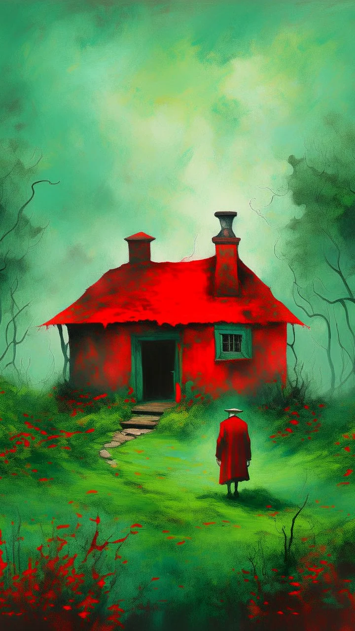 Painterly. Abstract. A cottage with a moss covered roof in a clearing. A willowy androgynous human figure stands clothed in red silk raiments. Anomalous red cloud issuing forth from the heart. Simple yet majestic