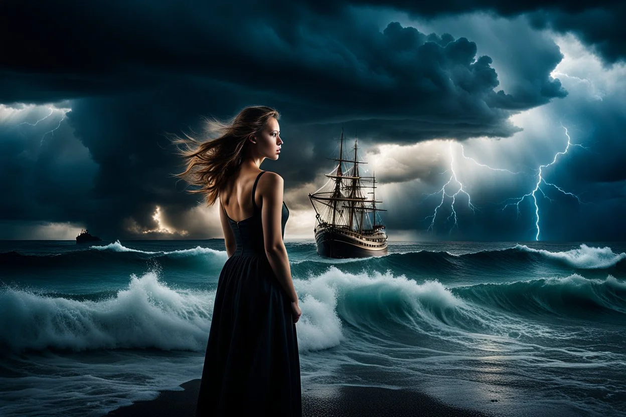 Compose a haunting and powerful image of a beautiful girl surrounded by her sadness in a surreal environment. Use dynamic lighting to create contrast and depth, illuminating her emotions and struggles. The sky above should be turbulent, with storm clouds brewing, reflecting the turmoil within her. In the background, depict a stormy ocean with a sinking ship, symbolizing loss and despair. Show a few people struggling for survival, adding a sense of urgency and chaos to the scene. Let the composit