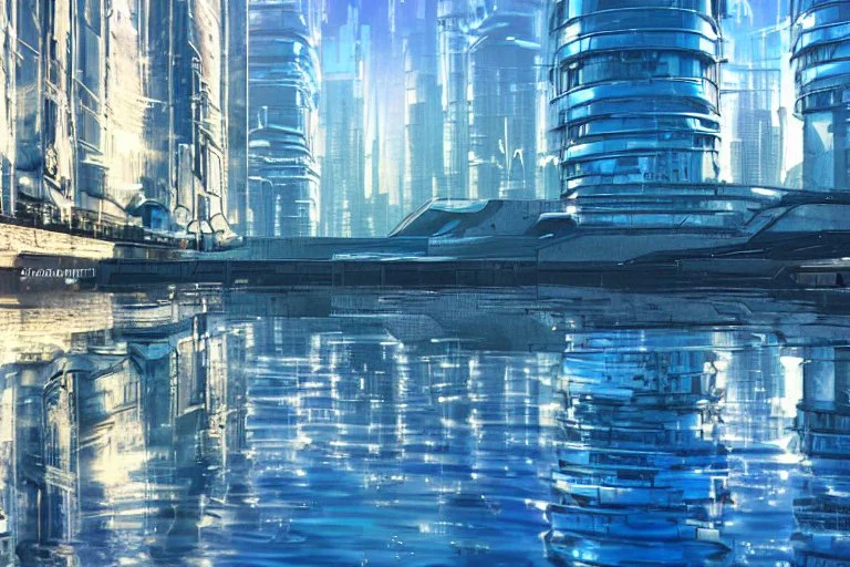 Sunny day, cyberpunk buildings, water reflections, sci-fi, concept art, tendency to impressionism, realistic painting