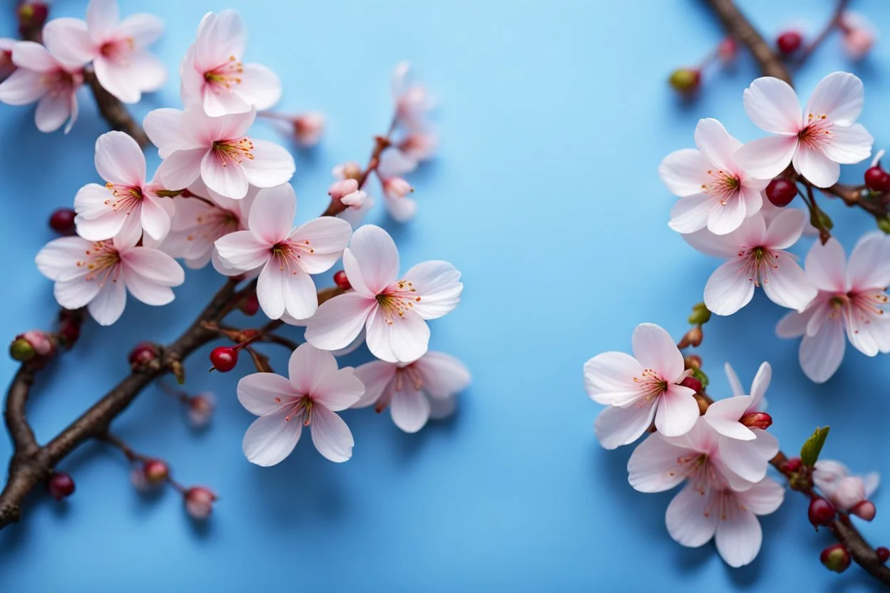 fantastic light pin blue background with four bunches of cherry blossoms