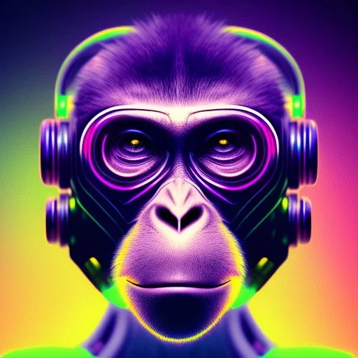 A beautiful portrait of a cyborg monkey purple neon color scheme, high key lighting, volumetric light high details psychedelic background