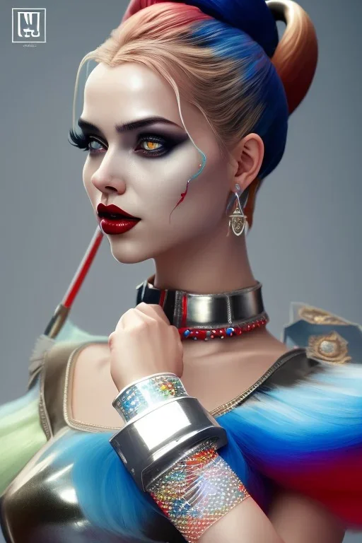 Hulya Avsar as Harley Quinn Photorealistic dramatic hyperrealistic criyng clown paint ,Crystal black eyes, elegant, by WLOP,Artgerm,Greg Rutkowski, Beautiful dynamic,shadows,Artstation,concept design art,Octane render,8K