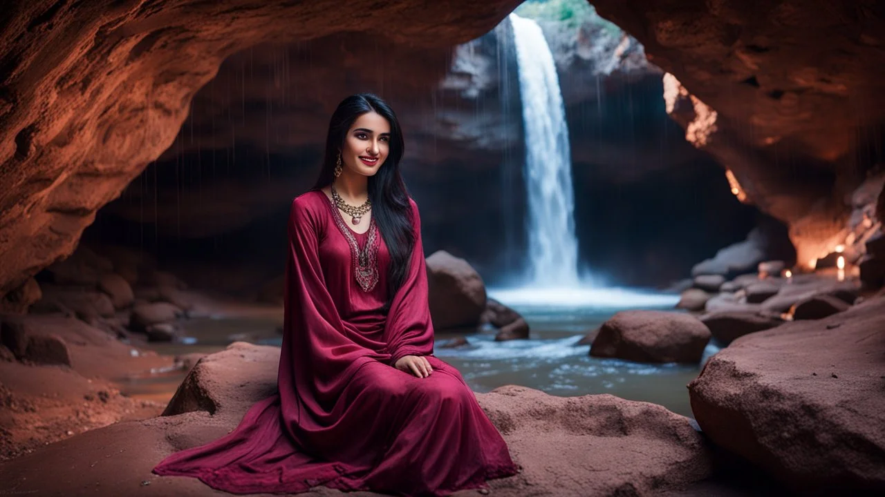 Hyper Realistic Photographic Outside View Of A Gorgeous Pashto Girl (Wearing Simple Burgundy Colored Dress & Wearing Plain Pink Dupatta On Her Neck) Happily Sitting & Smiling Boldy In A Cave & Showing Her Long Black Hair & her Legs Are In The Lakewater With Waterfall View Outside, With Heavy Rain Outside Cave At Dark Night Showing Dramatic & Cinematic Ambiance.