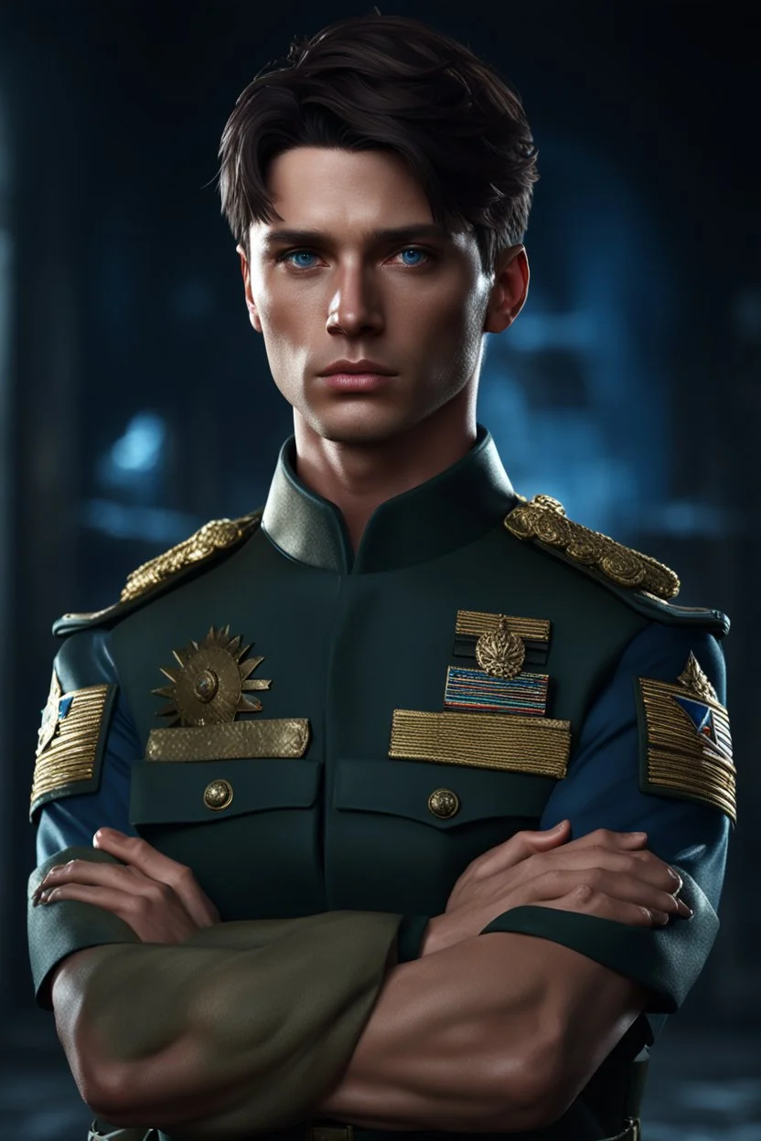 27 year old male with short dark hair and blue eyes standing with his arms folded, wearing military uniform , photorealistic, 4k, dark fantasy