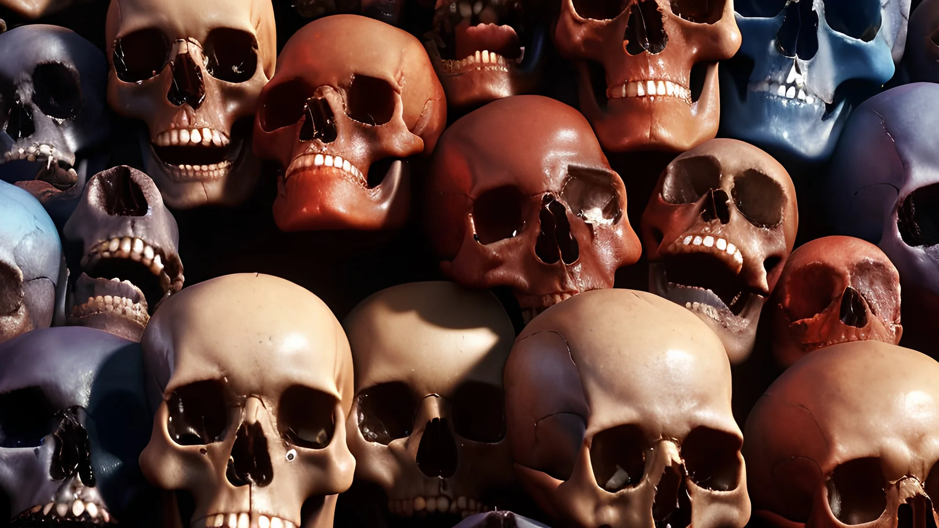 a picture of a dark, comedic, anatomically correct wall of colorful tightly packed stacked skulls of varying sizes and expressions, photo realistic, insanely meticulous, highly detailed, part of a collection of bones on display, 64k, dystopian, vray