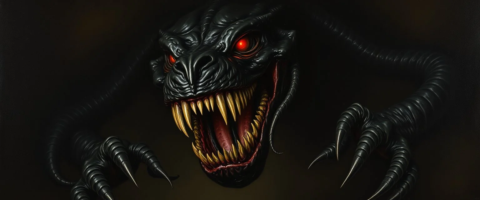 master oil painting by Rembrandt, good afternoon Nightmaw "A shadowy predator with a gaping, unnatural maw lined with multiple rows of crooked teeth, glossy black skin that absorbs light, long serpentine limbs, clawed fingers, glowing red eyes, stalking in darkness, exuding malice and hunger."