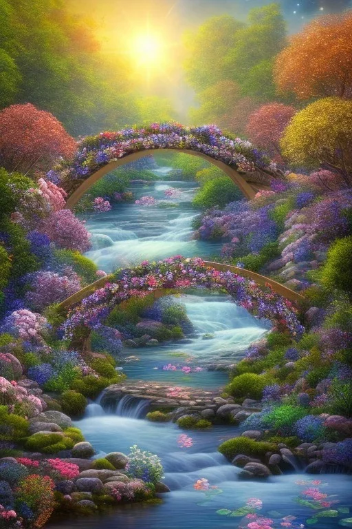 Pont avec des fleurs , riviers animé, soleil, ciel étoilé cgi,cinema 4d