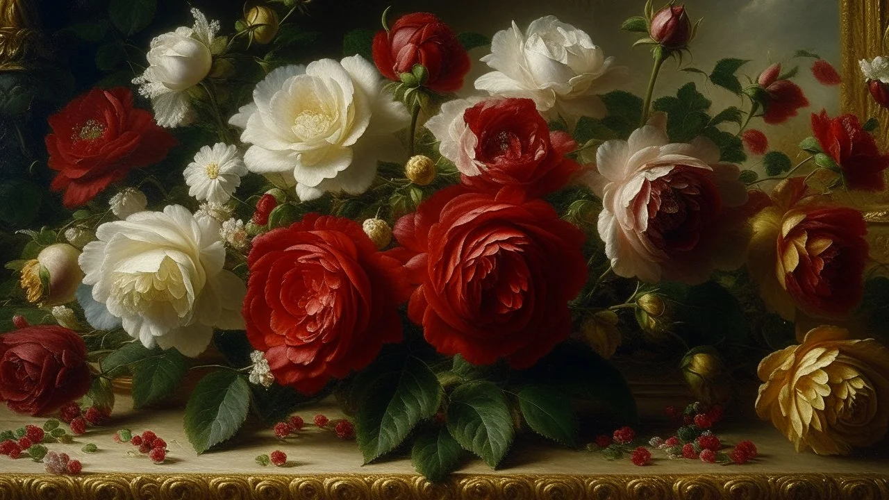 A detailed still life painting in the style of Henri Fantin-Latour, capturing the meticulous attention to detail and rich, vibrant colors characteristic of his work. The composition features a central bouquet of roses, arranged with precision, their petals in full bloom, showcasing deep crimson, soft pink, and pale white hues, each petal rendered with delicate texture. Surrounding the flowers, a variety of fruits and ceramics are arranged: a golden pear, a ripe pomegranate with its skin cracked