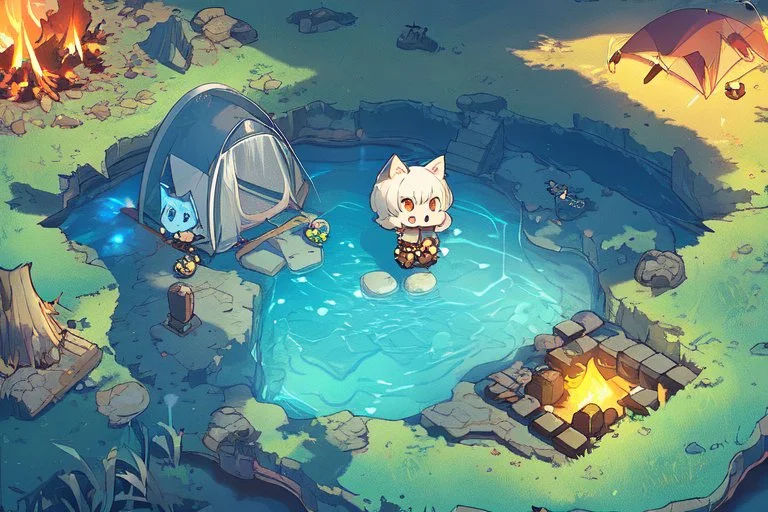 Against a dark cracked holographic marble background, a cute chibi plushy fluffy knitted and embroidered cat, tent, campfire, pond, mist and fog in sunshine, drawn in orange glowing neon lines. The cracks in the background are golden. Ethereal, cinematic postprocessing.