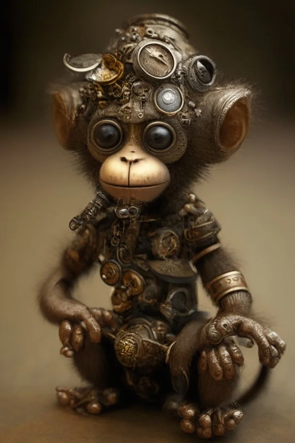 small cute steampunk mechanical monkey, made of metal