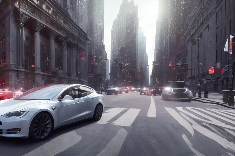 A Tesla 'Model Y' is drifting at high speeds, on 'Wall Street', in New York. (CINEMATIC, WIDE ANGLE LENS, PHOTO REAL)