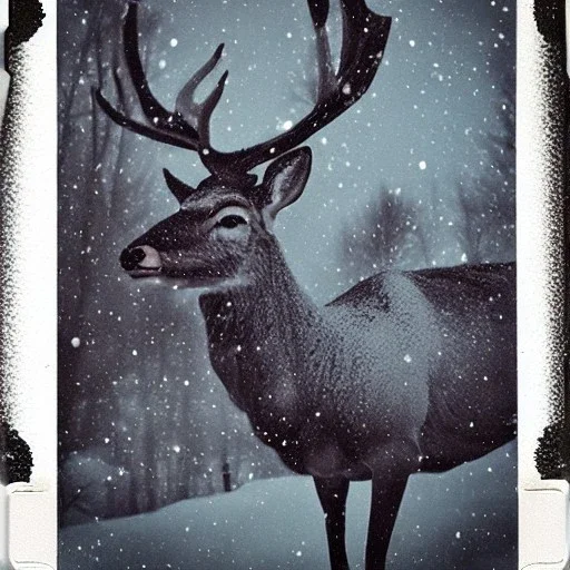 unusual multilegged and multiple eyed stag cryptid in the snow polaroid vintage style realistic