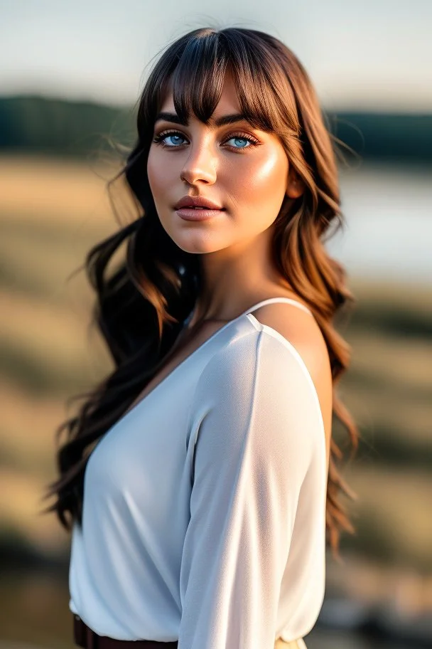 realistic, portrait and full body of a woman standing next to rocky river in country side, beautiful face with nice make up, sunlight, cinematic light, bangs, a beautiful woman, beautiful eyes, brown curved hair, perfect anatomy, very cute, princess eyes , (blue eyes) , nice sport shoes ,Centered image, stylized, life size,8k Resolution, low-cut dress with small blue details, human hands, wonder full, elegant, approaching perfection, dynamic, highly detailed, character sheet,