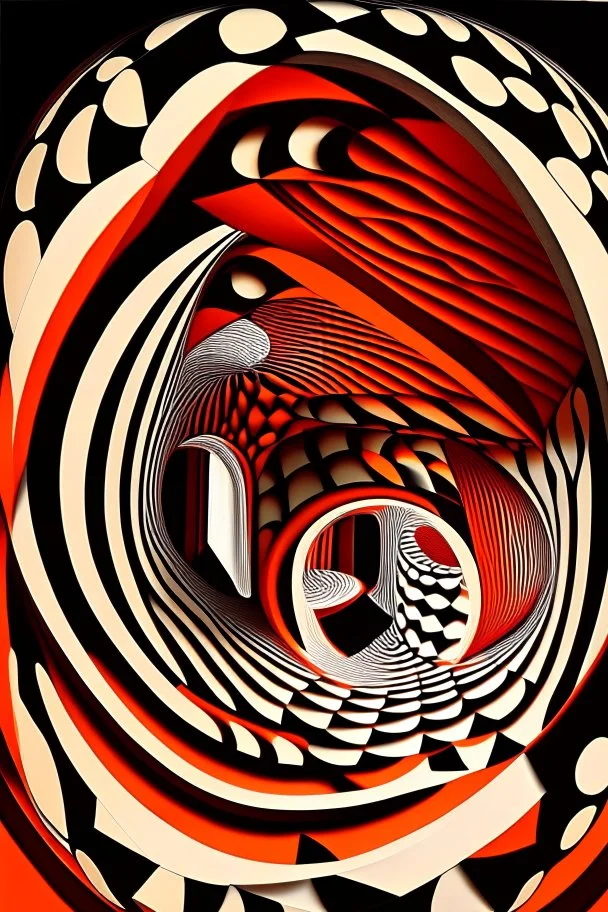 Voice bouncing around in a circular house of mirrors; Optical Art; M.C. Escher, black, white, and orange-red