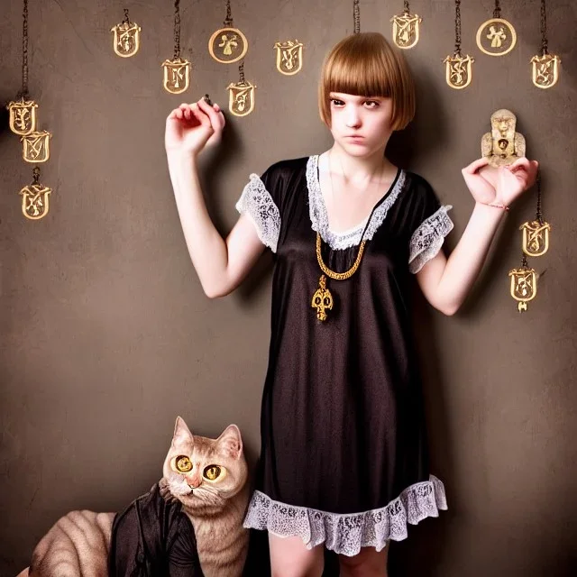 Realistic photo Russian shorthair tomboy with symbol of the king of evil amulet on the neck boyish face men's look boys face boylike in lacy girlish nightgown in girlish room with amulets of black magic and symbols of evil forces on the wall of the lord of evil and the king of the underworld of evil forces