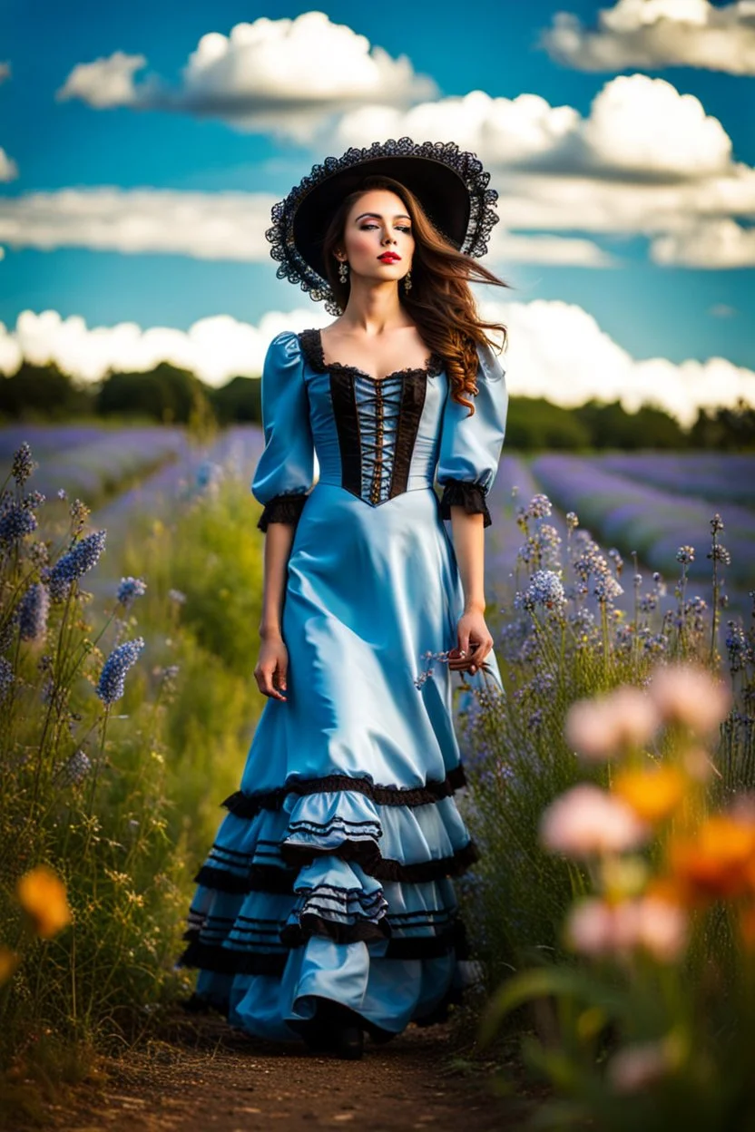 fullbody girl makeup wearing a victorian dress walking in country side ,flowers ,pretty clouds in blue sky